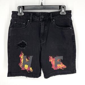Homme + Femme NEW Distressed Flames Logo Jean Shorts Mens Sz 28 Black Stretch